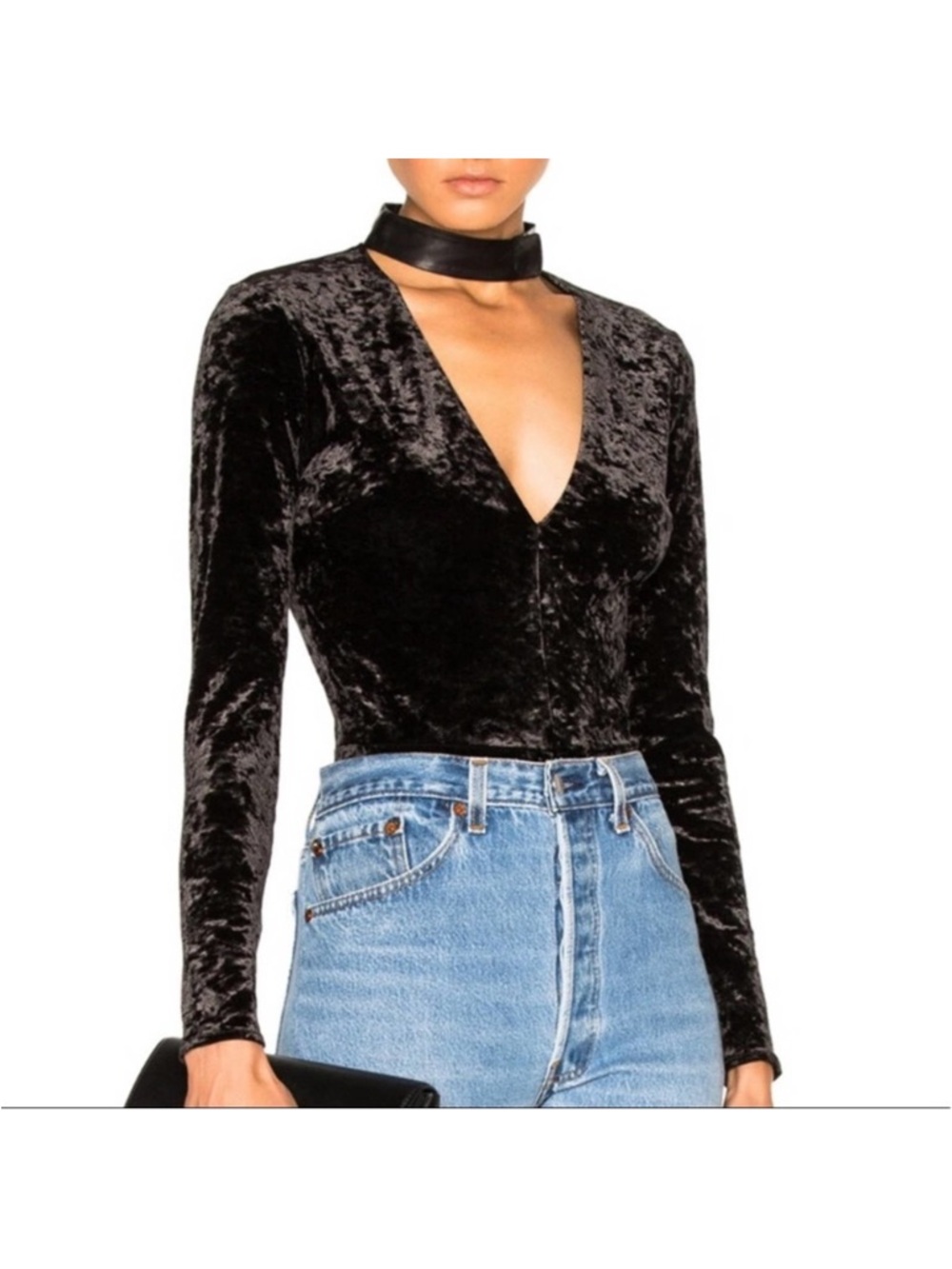 Fleur du mal velvet black bodysuit with leather choker
